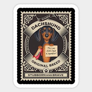 Fun dachshund holding new toy without squeaker in gold circle Sticker